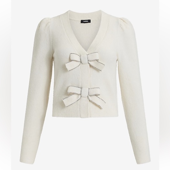 [⭐️ PRICE FIRM] EXPRESS Bow V-Neck Puff Shoulder Cardigan Sweater Ivory White L - Picture 2 of 12